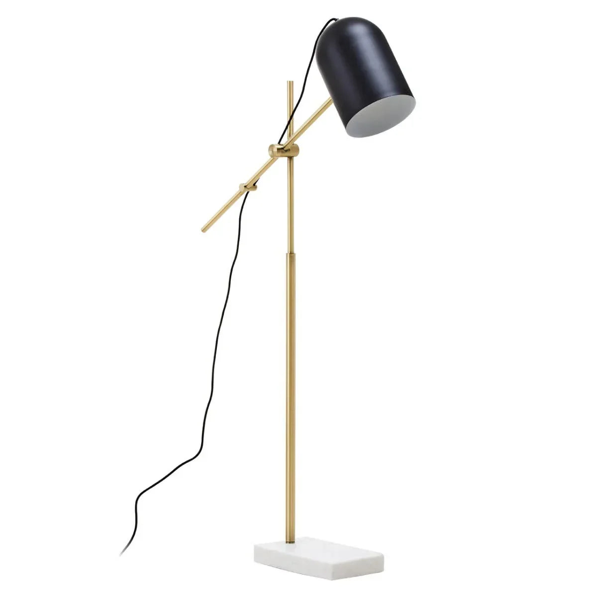 Modern table lamp with gold base, black adjustable shade, and rectangular white marble stand