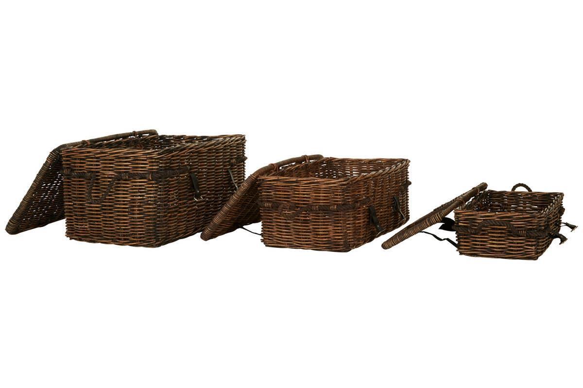 Set of three brown wicker storage baskets with lids and handles, displayed side by side