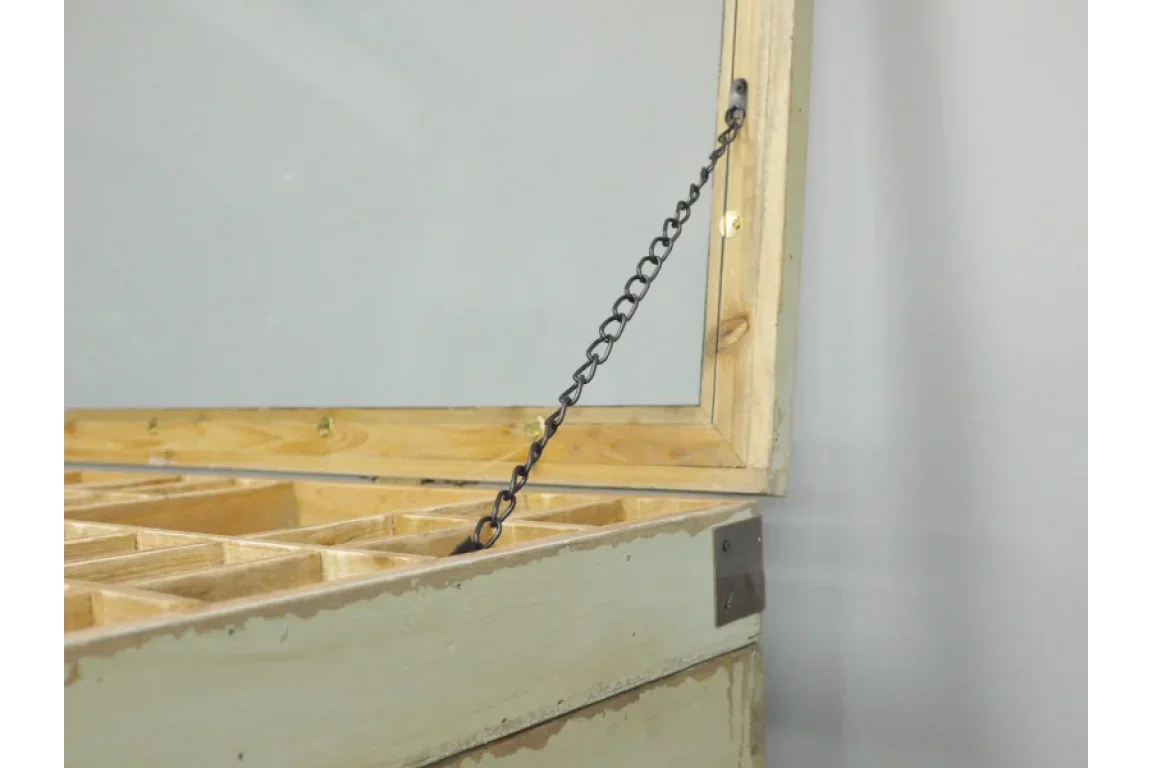 Wooden storage chest with open hinged lid, metal chain and internal compartment dividers