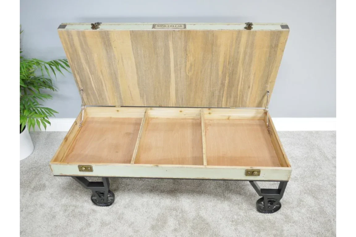 Rustic wooden storage coffee table with lift-top lid, divided interior and metal legs