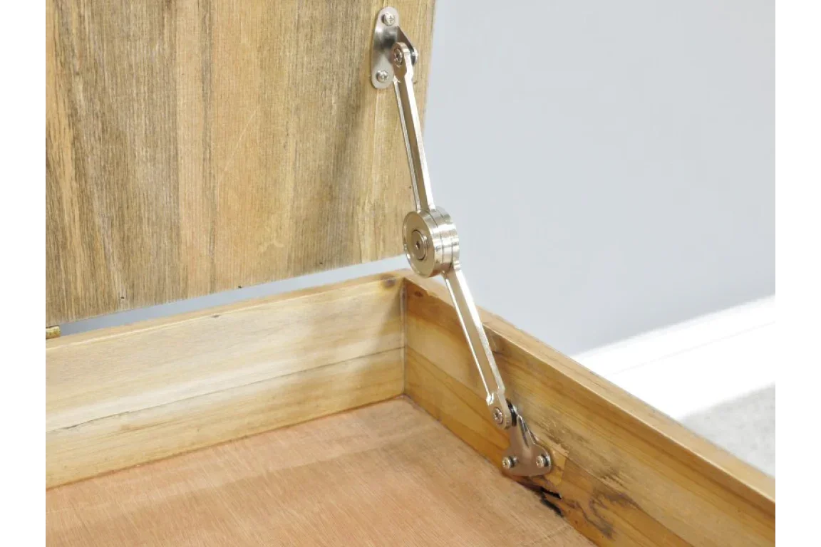 Lift-up hinge mechanism inside wooden storage ottoman chest