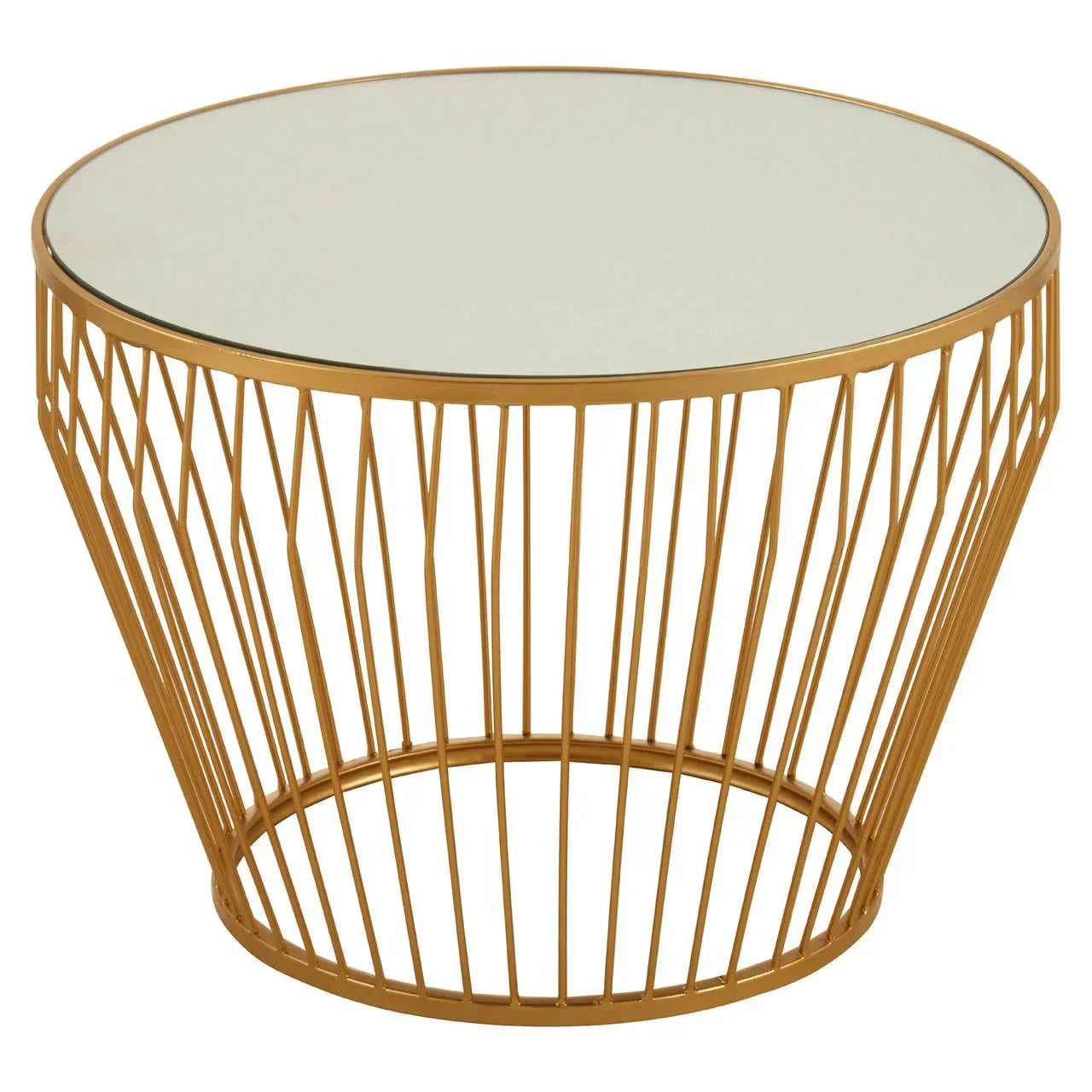 Round glass top coffee table with gold metal wire frame