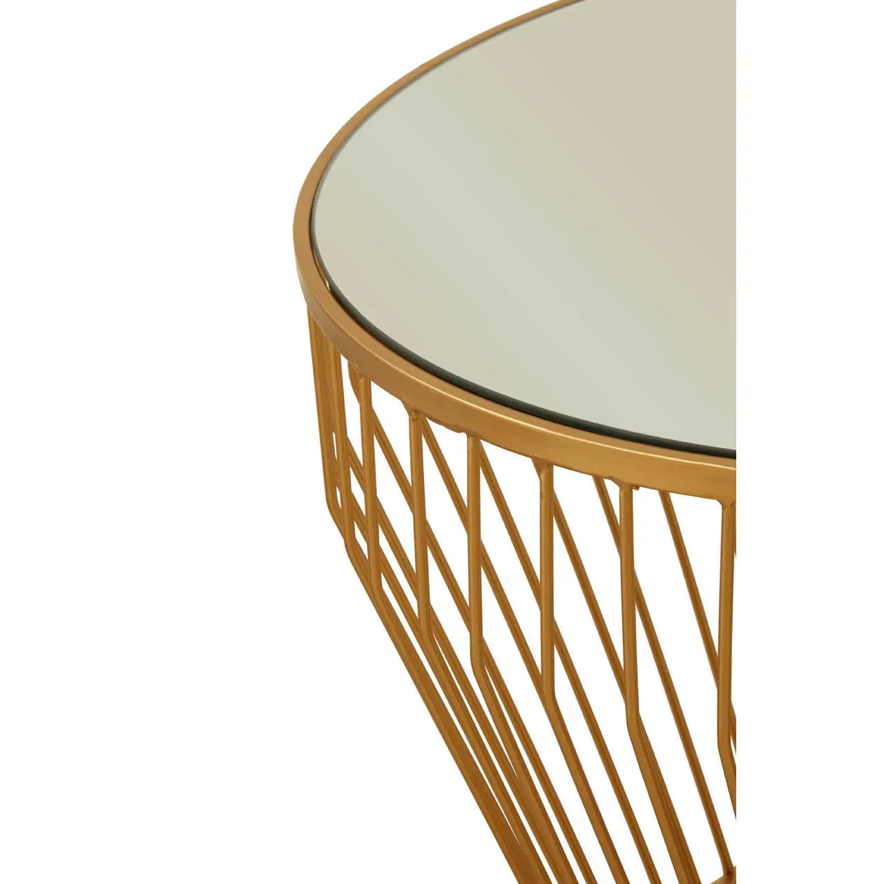 Round glass top coffee table with gold metal frame in geometric design, partial side view