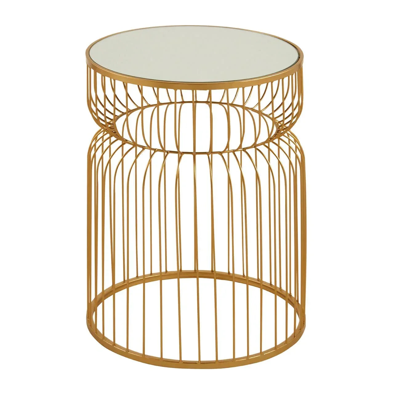 Gold wire metal side table with round glass top, modern accent furniture piece