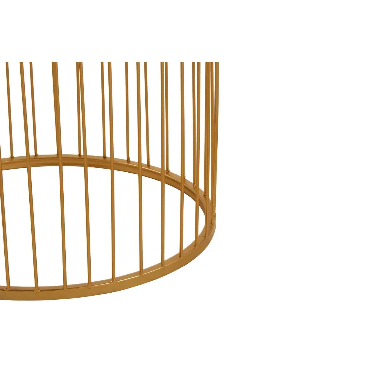 Gold metal coffee table base with vertical bars, close-up view of round frame design