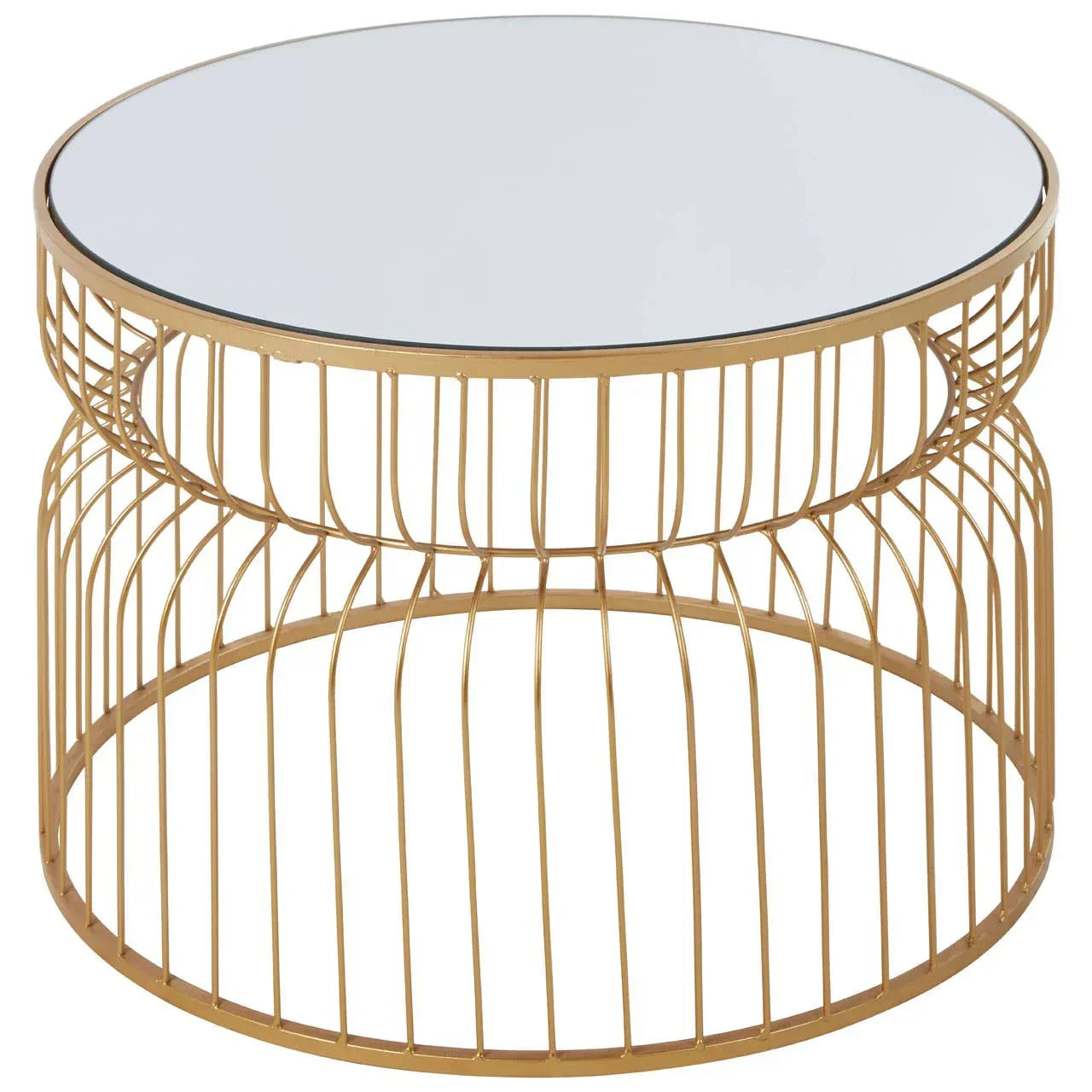 Round gold metal coffee table with glass top and open wire frame design