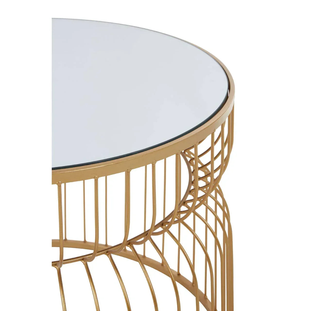 Round glass top side table with gold metal wire frame, close-up corner view