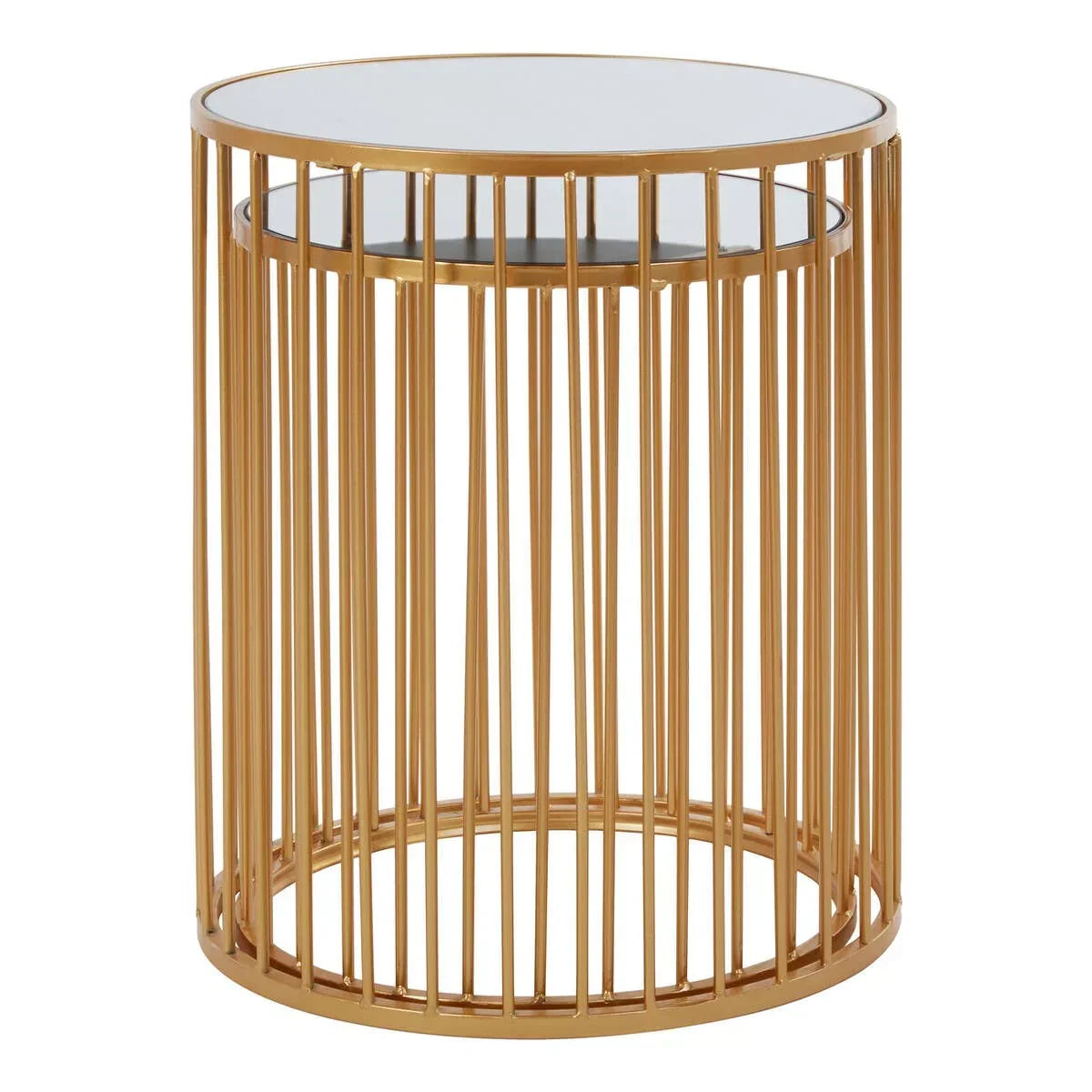Round gold metal side table with clear glass top and vertical rod base design