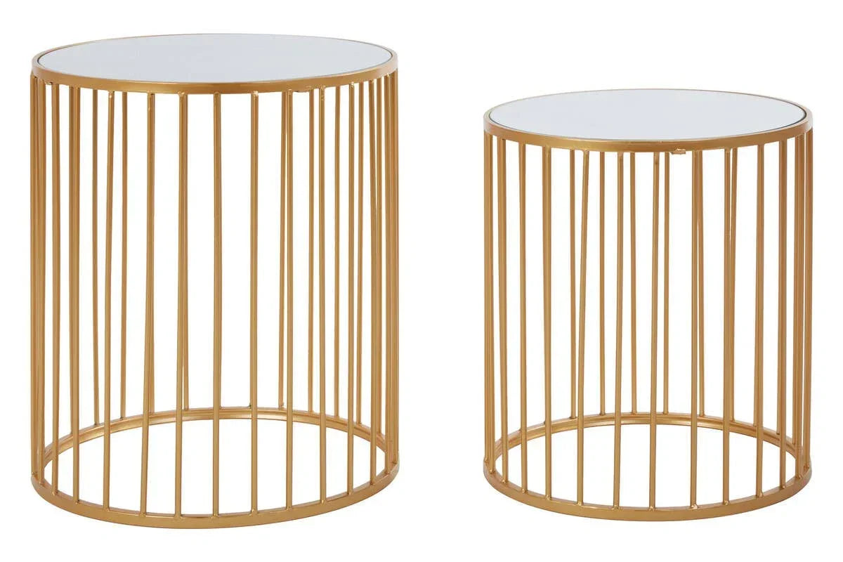 Set of two gold metal side tables with round mirrored tops and vertical bar frames
