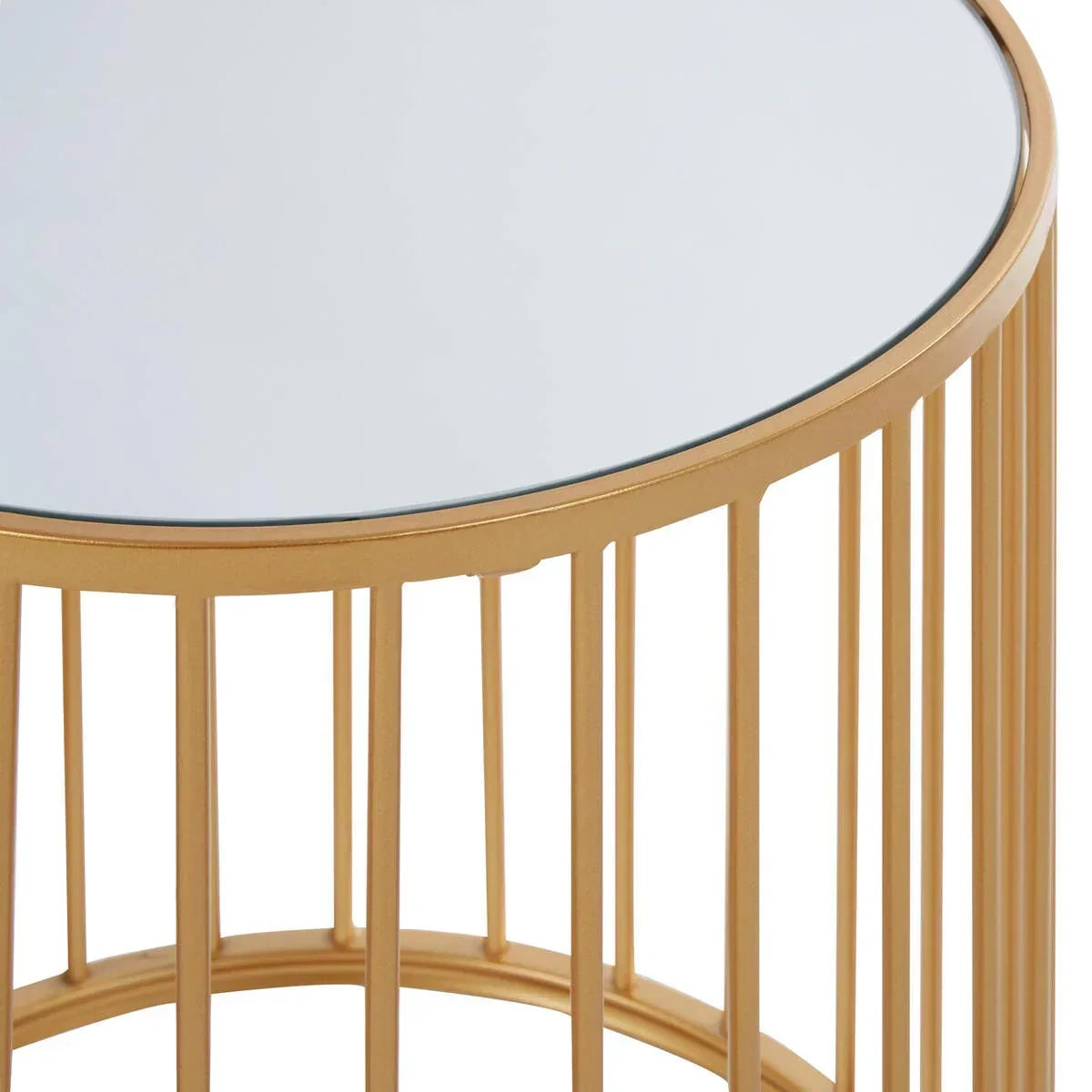 Round side table with gold metal frame and mirrored glass top close-up