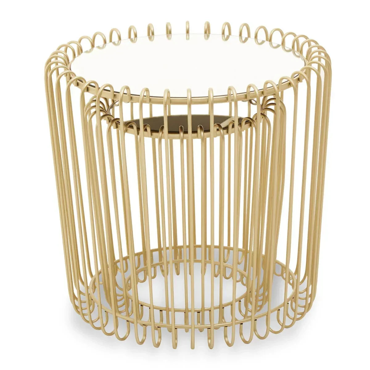Round gold metal side table with glass top and open wire frame design