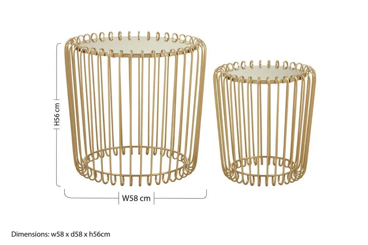 Set of two gold wire side tables with glass tops and size dimensions shown