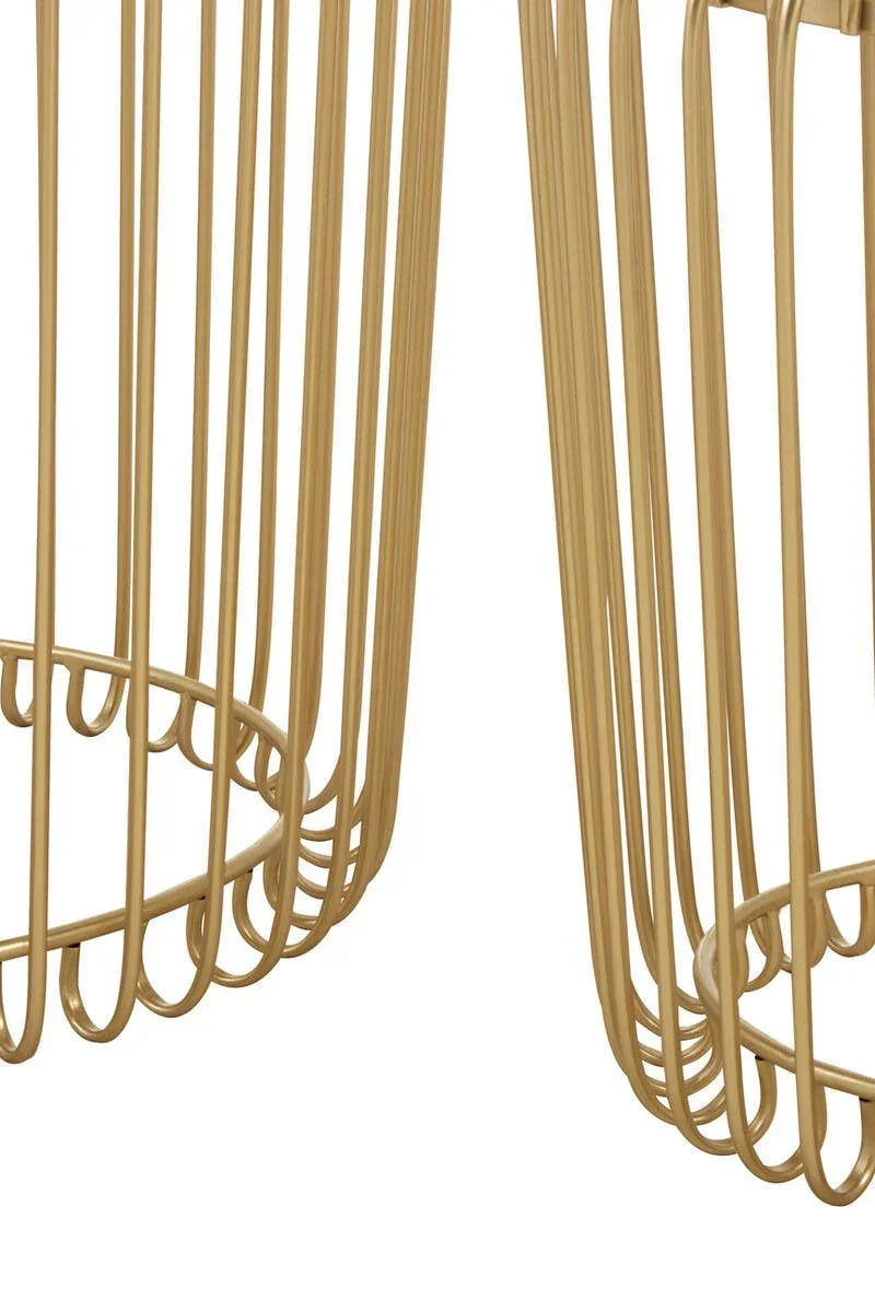 Gold metal wire side table bases with circular base detail, close-up view
