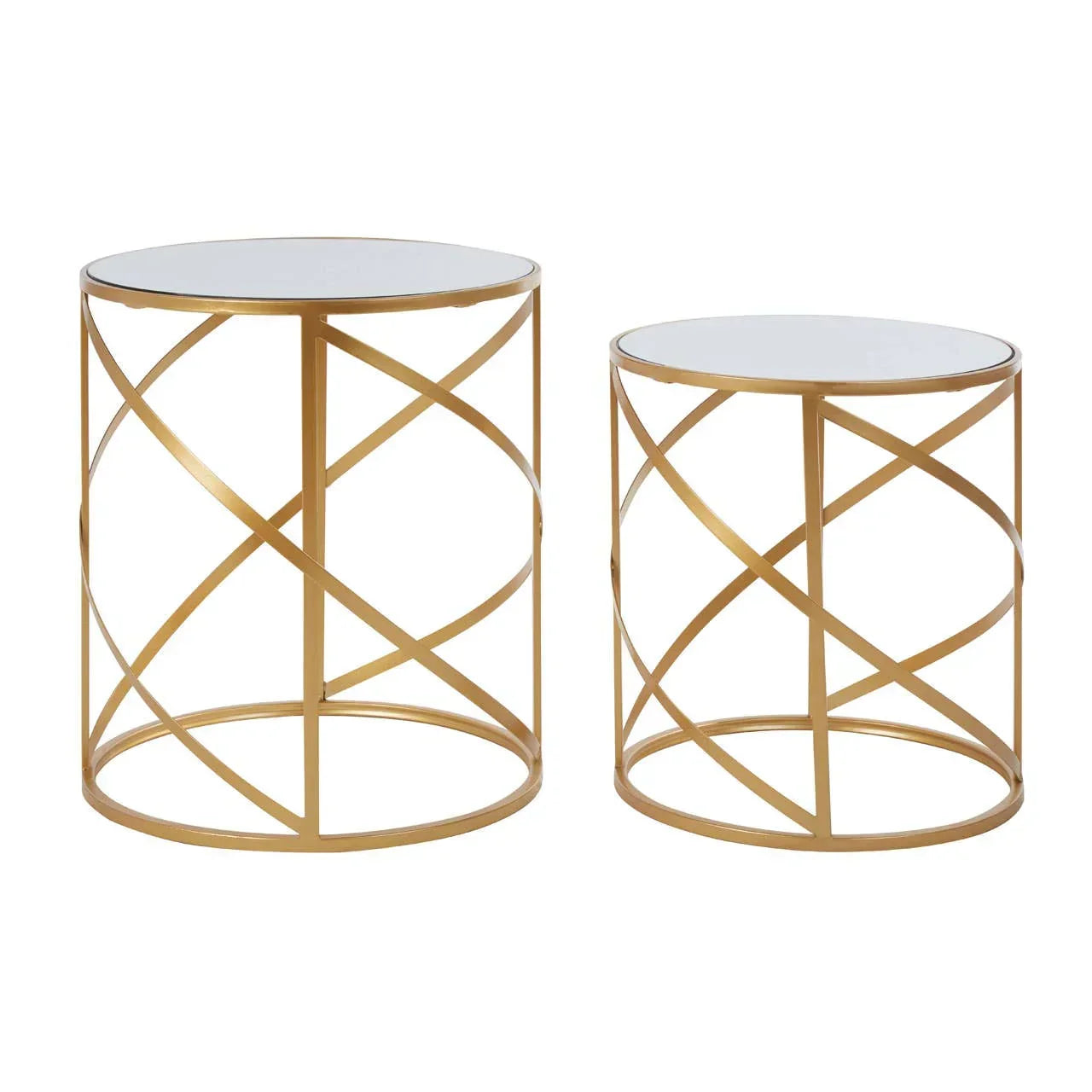 Gold metal side tables with glass tops in geometric frame, set of two