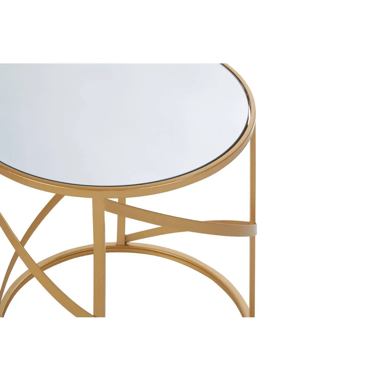 Round glass top side table with gold metal frame and geometric base detail