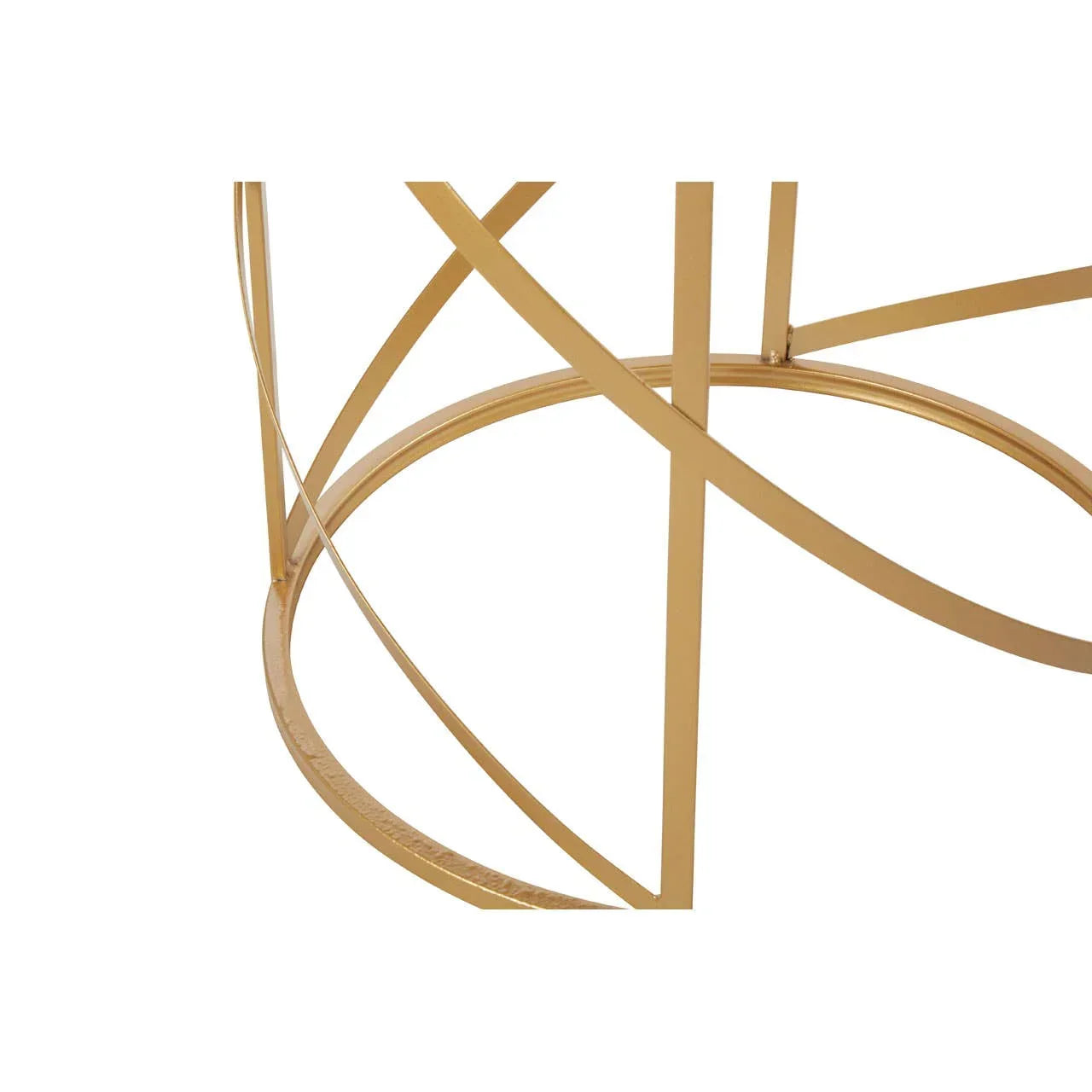 Gold metal coffee table base with intersecting circular and straight bars