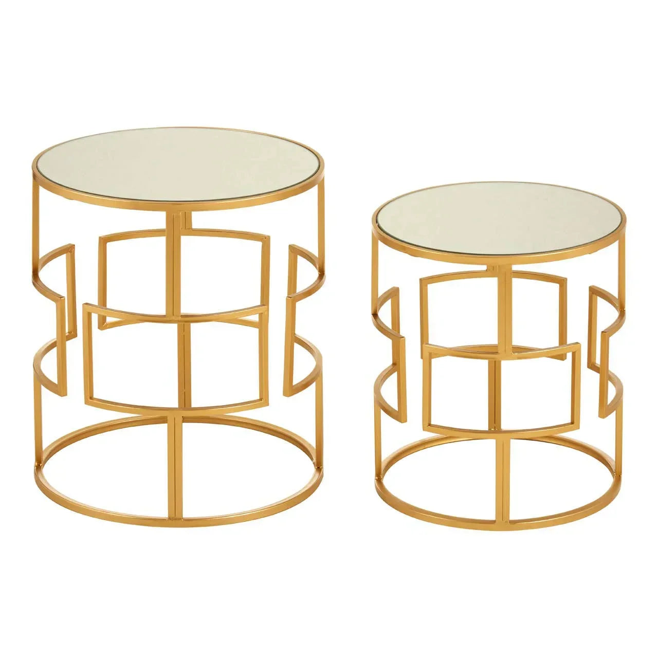 Pair of gold metal side tables with geometric frames and round mirrored glass tops