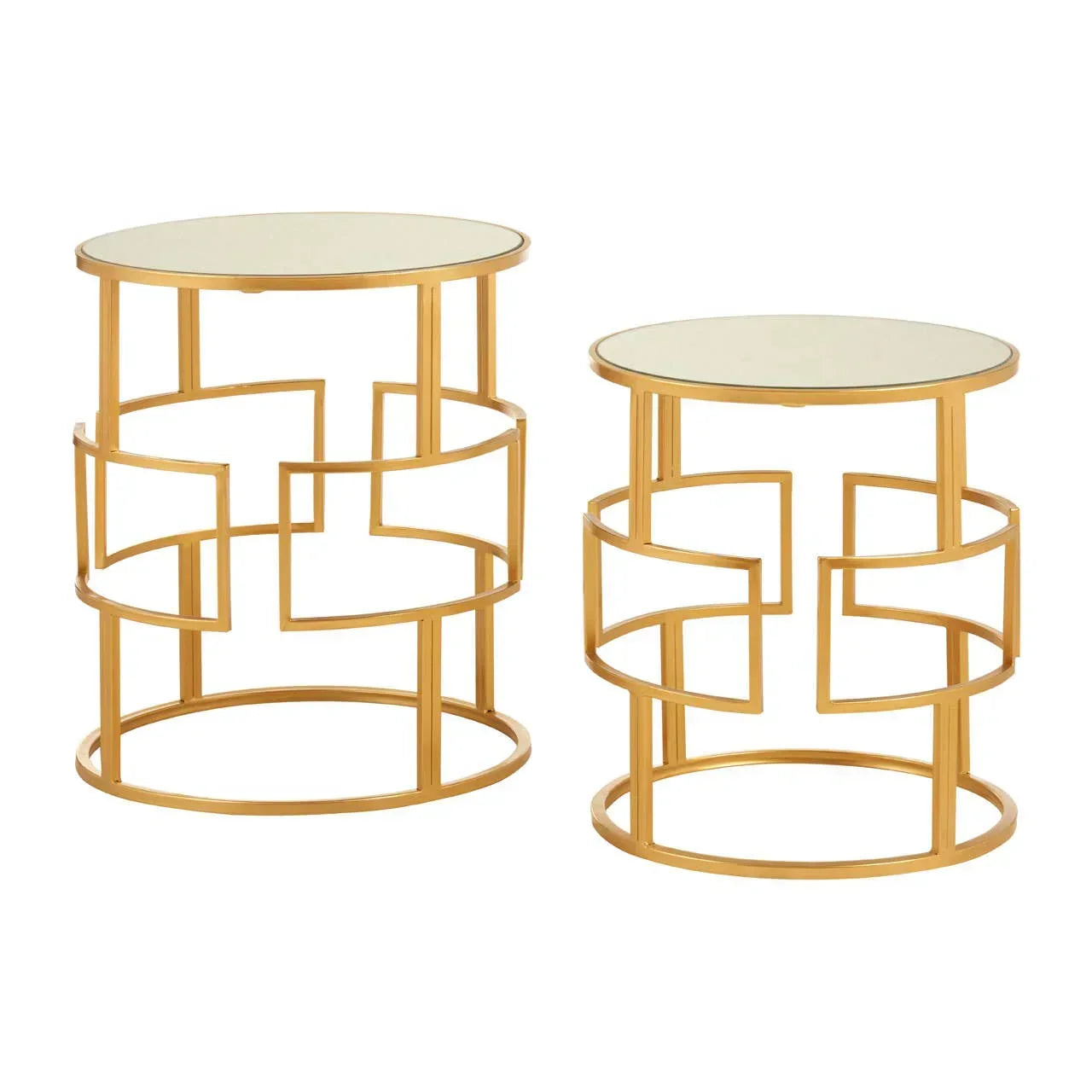 Set of two gold metal side tables with round mirrored glass tops and geometric base design