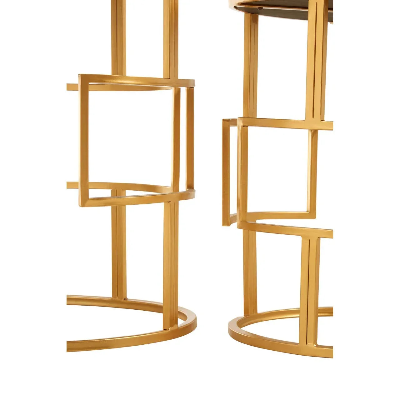 Gold metal side table base with geometric open square pattern detail