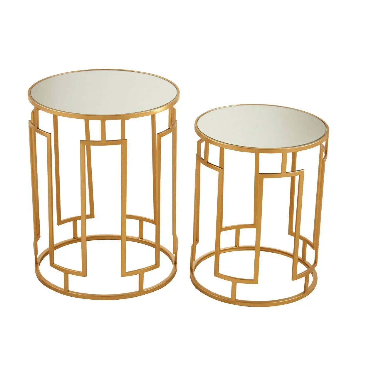 Gold metal side tables with glass tops and geometric base design, set of two