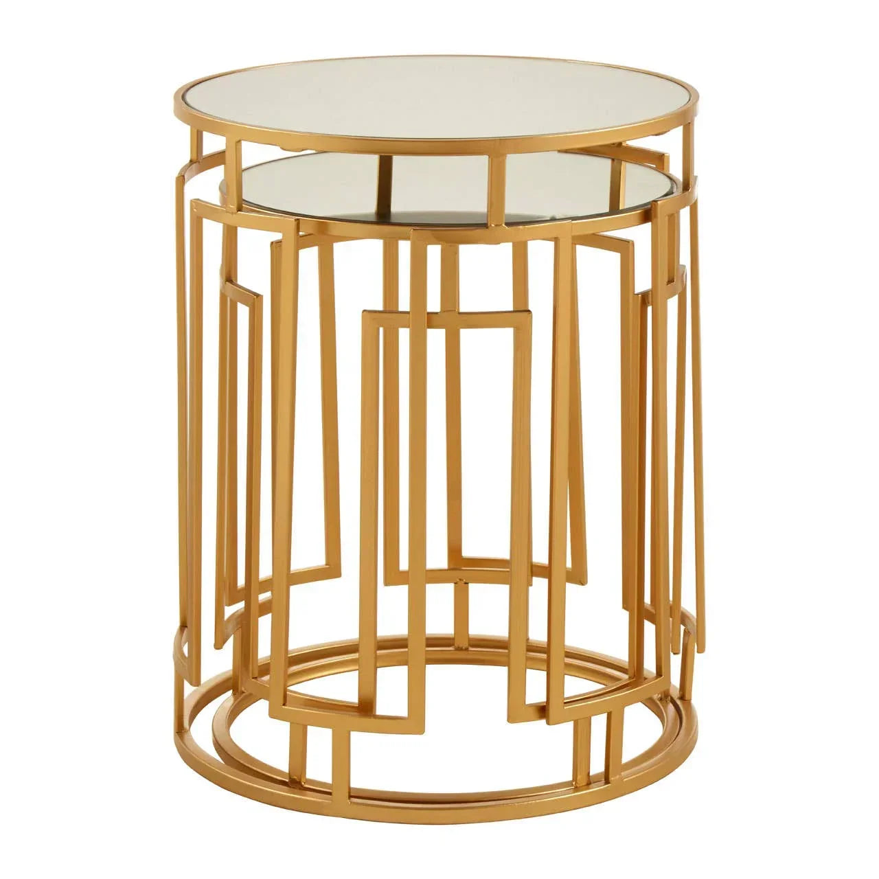 Gold metal side table with geometric frame and round glass top