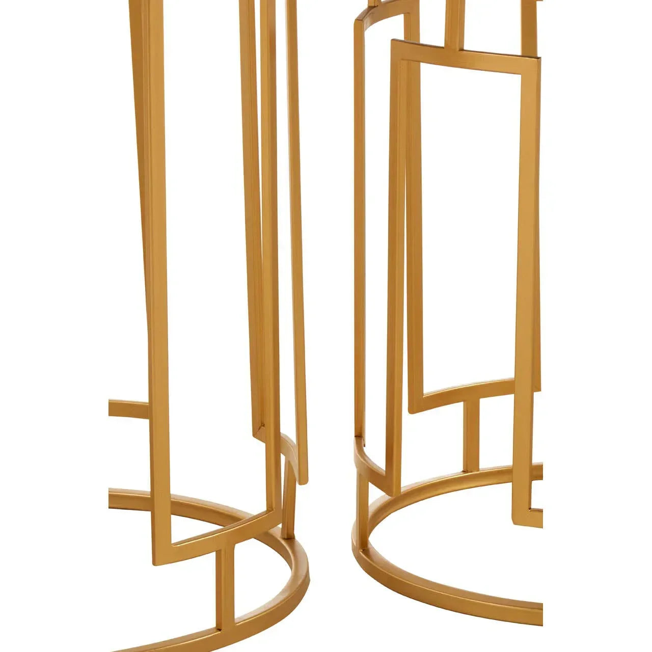 Gold metal geometric table legs with angular design and round bases