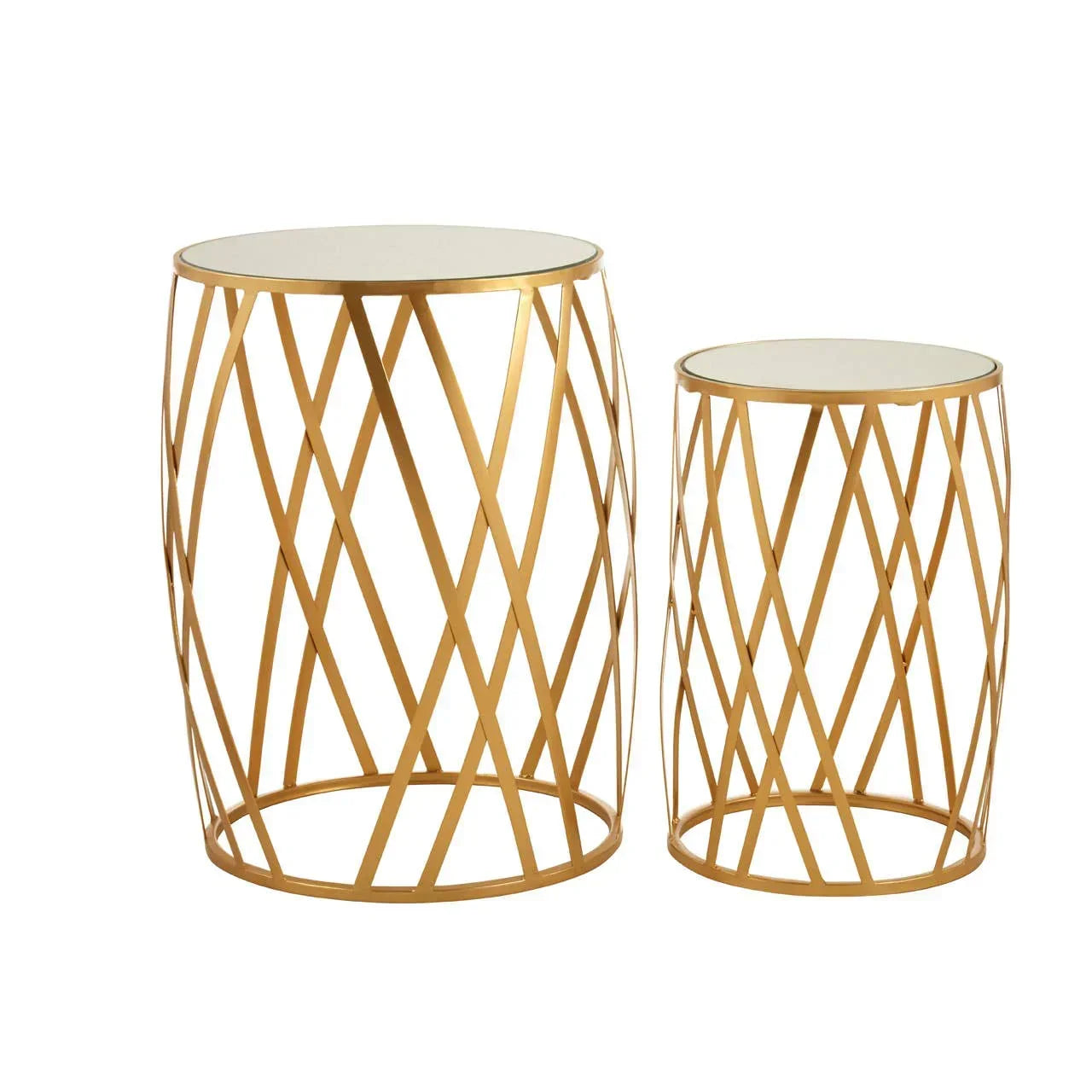 Set of two gold metal side tables with crisscross frame and mirrored tops