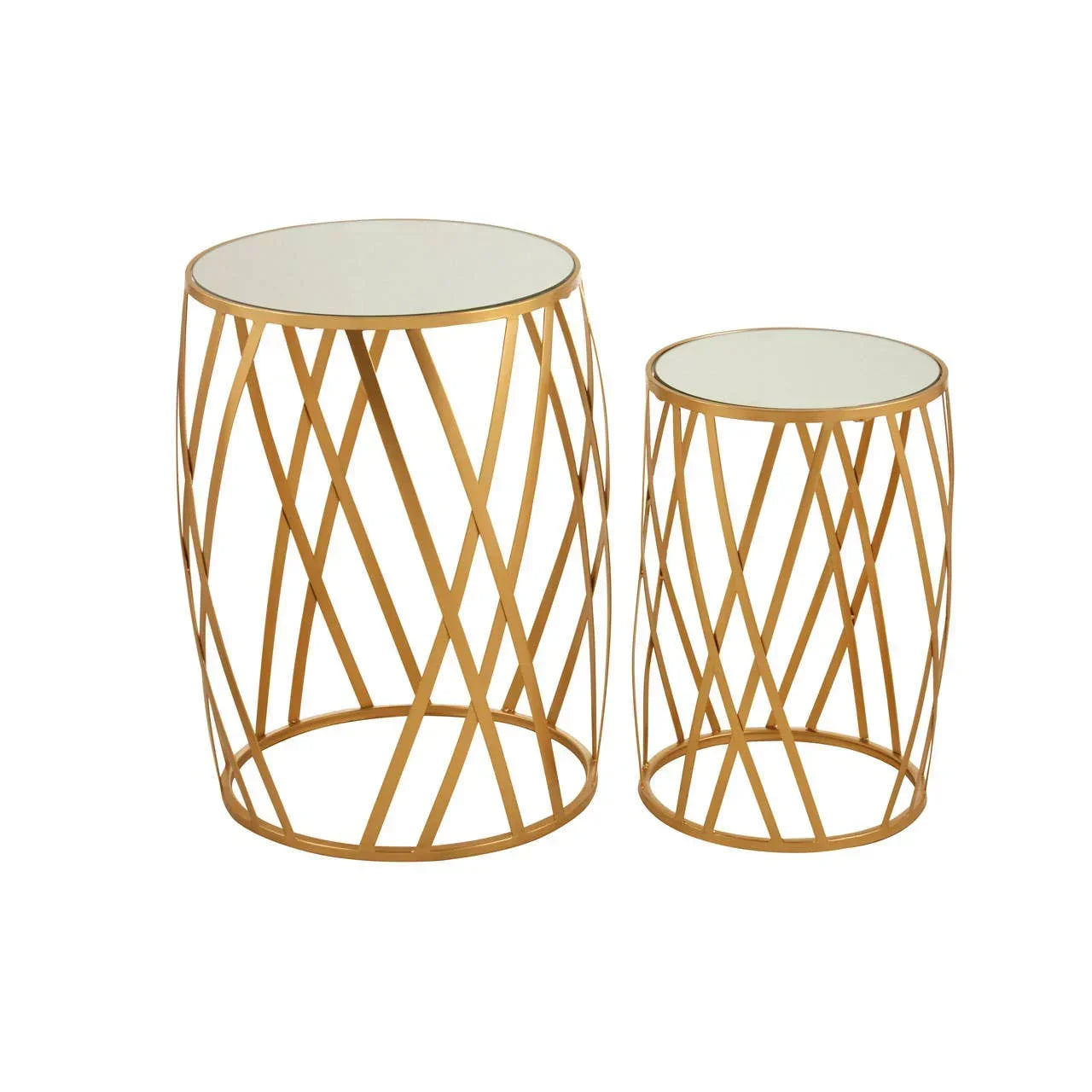 Gold metal side tables with glass tops in geometric openwork design, set of two