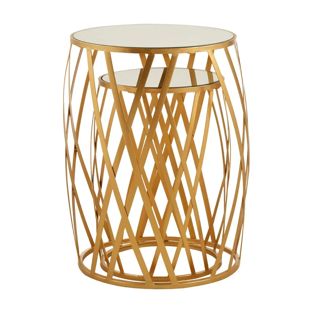 Gold metal nest of tables with round glass tops and lattice base design