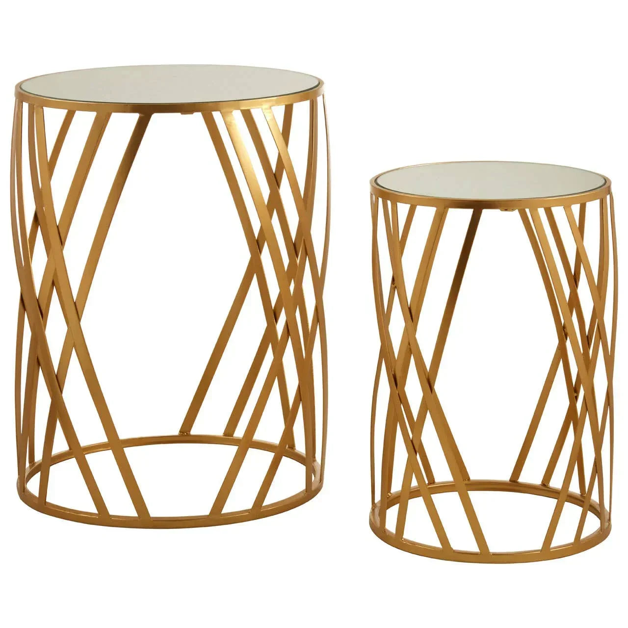 Set of two gold metal side tables with white tops and open geometric base design