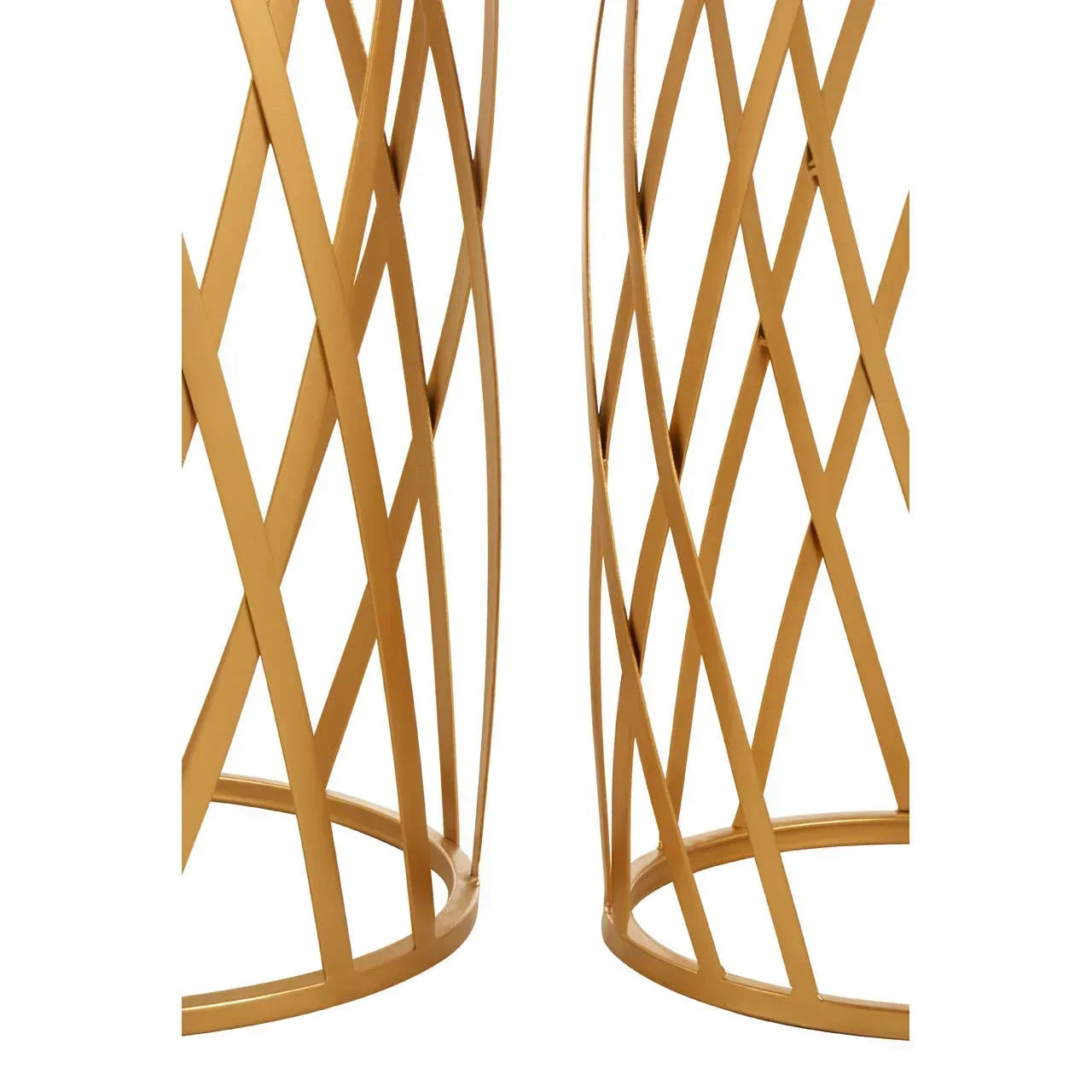 Gold metal table bases with geometric lattice design close-up