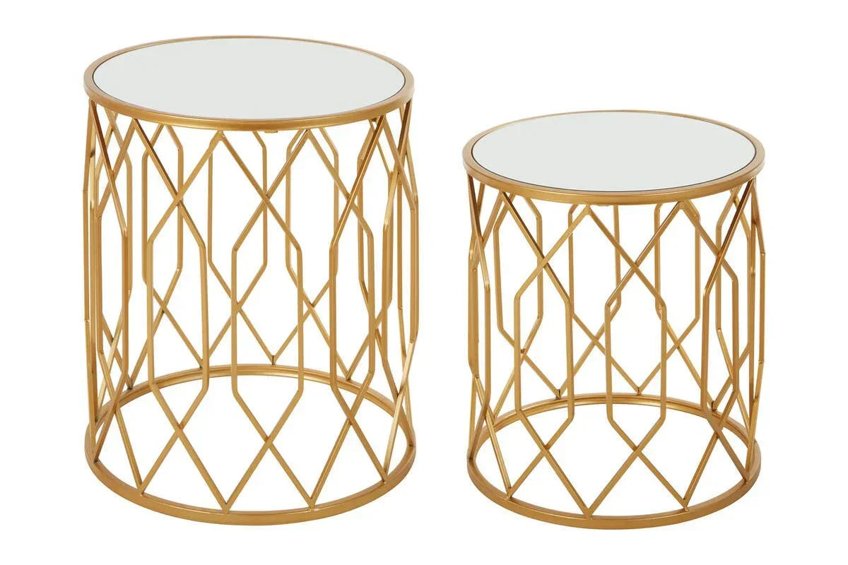 Set of two gold metal side tables with white glass tops and geometric frames