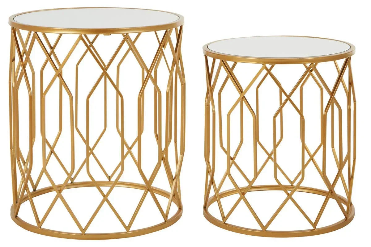 Gold metal nesting side tables with geometric base and glass tops