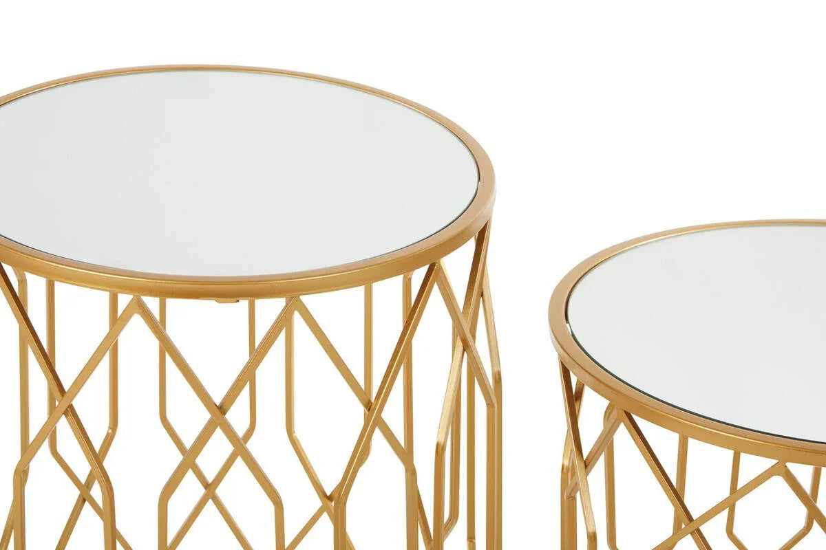 Round gold metal nest of tables with mirrored tops and geometric base detail