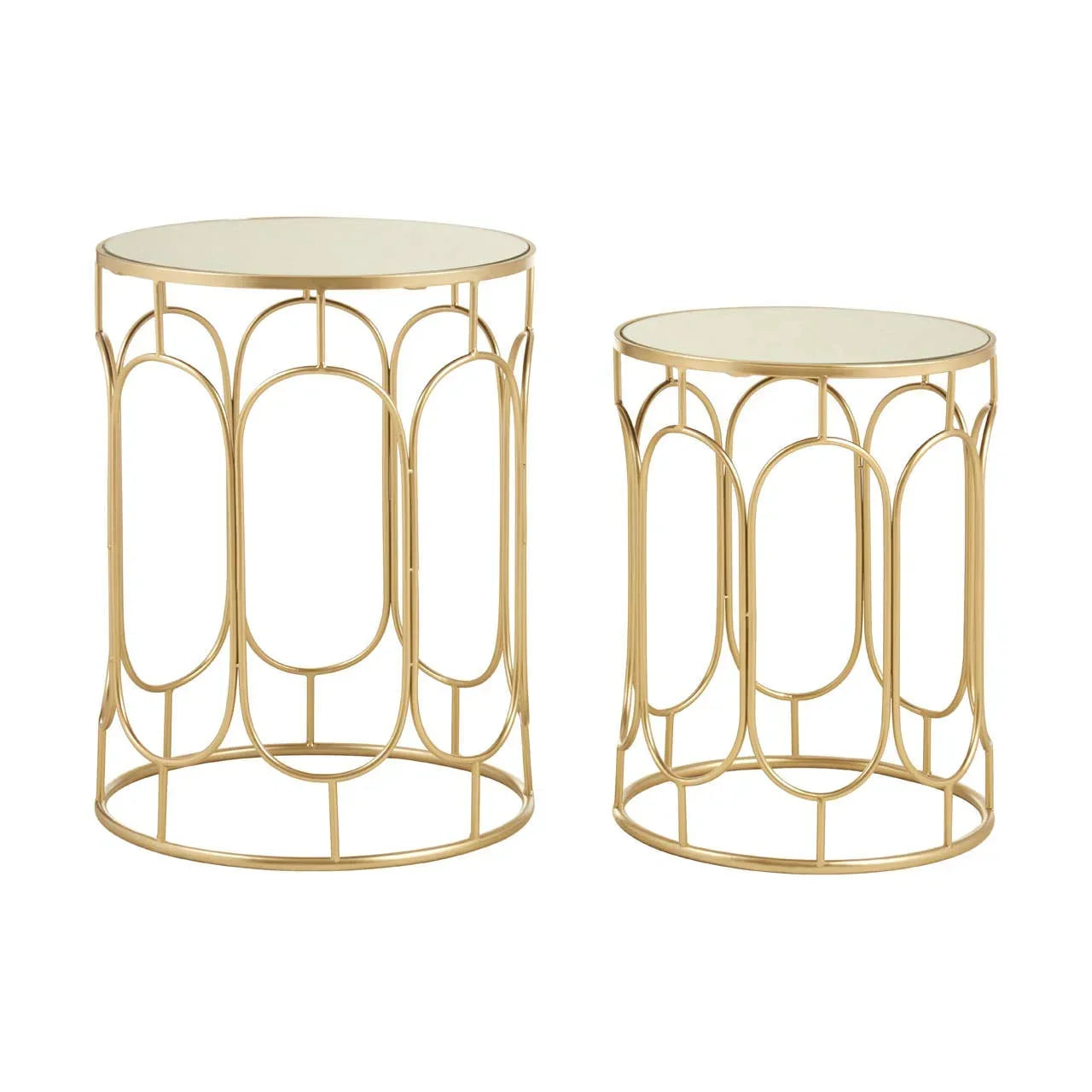 Set of two gold metal side tables with round mirrored tops and geometric frames