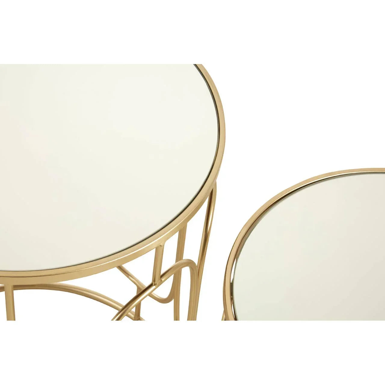 Round glass top side tables with gold metal frames, close-up view of nesting design