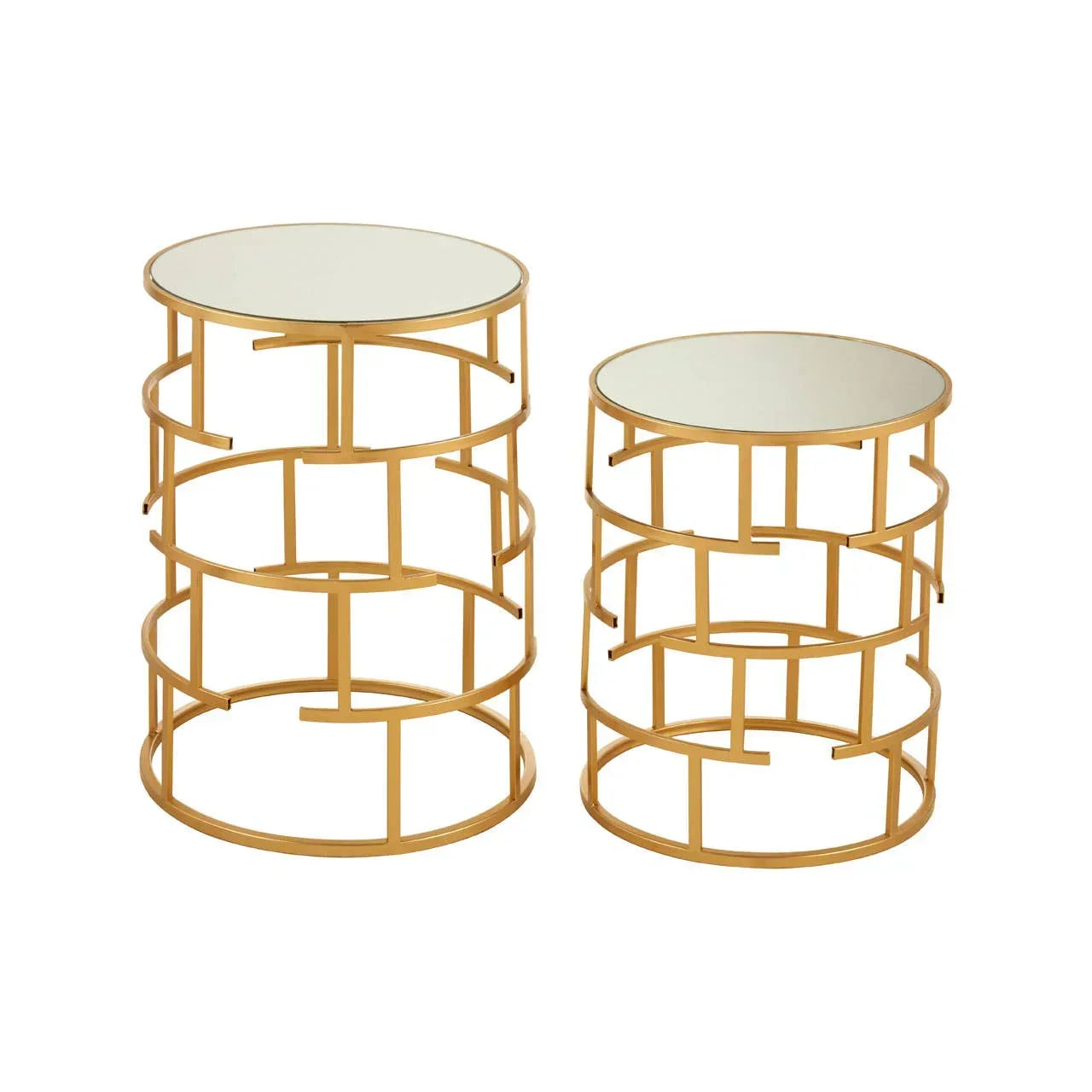 Gold metal side tables with round mirrored tops, open geometric bases, set of two