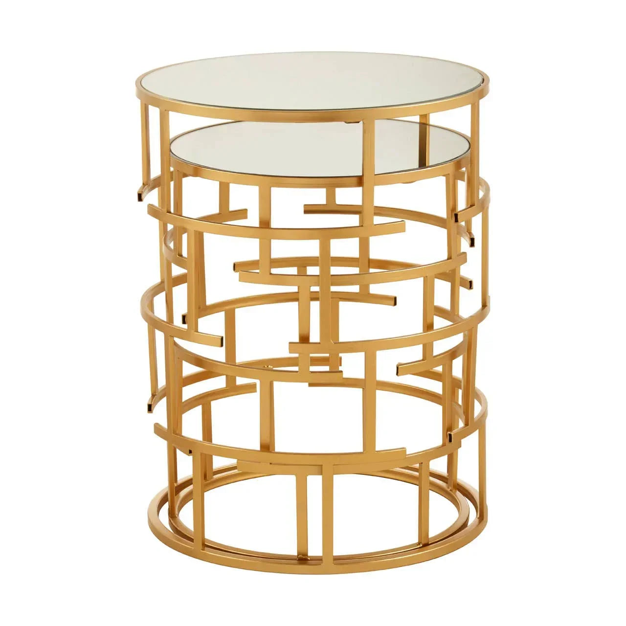 Round gold metal side table with glass top and geometric open frame design