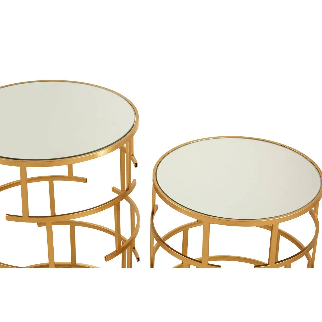 Round glass top nesting tables with gold metal frames, side view