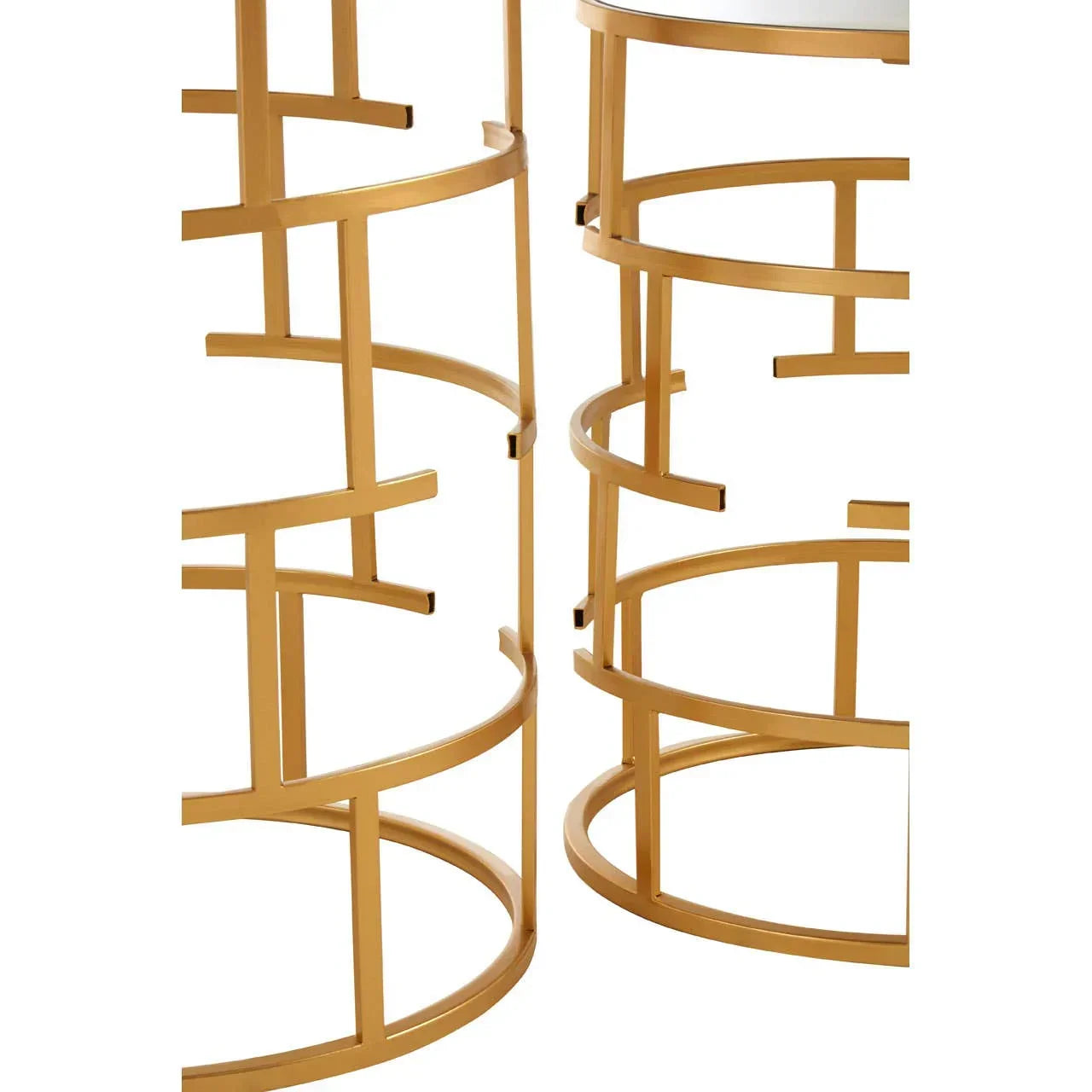 Gold metal side table base with circular geometric frame detail