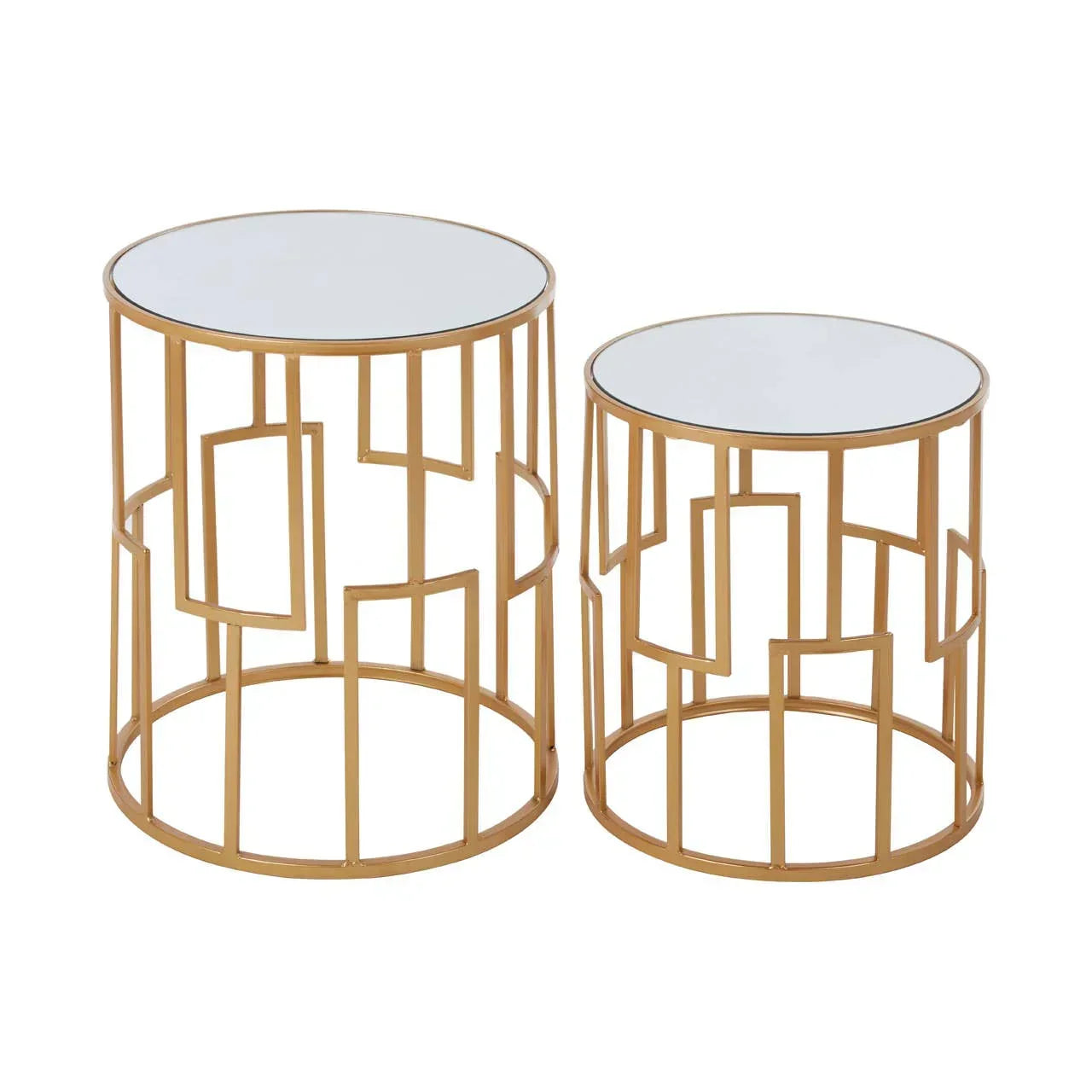 Set of two gold metal side tables with geometric frames and round mirrored tops
