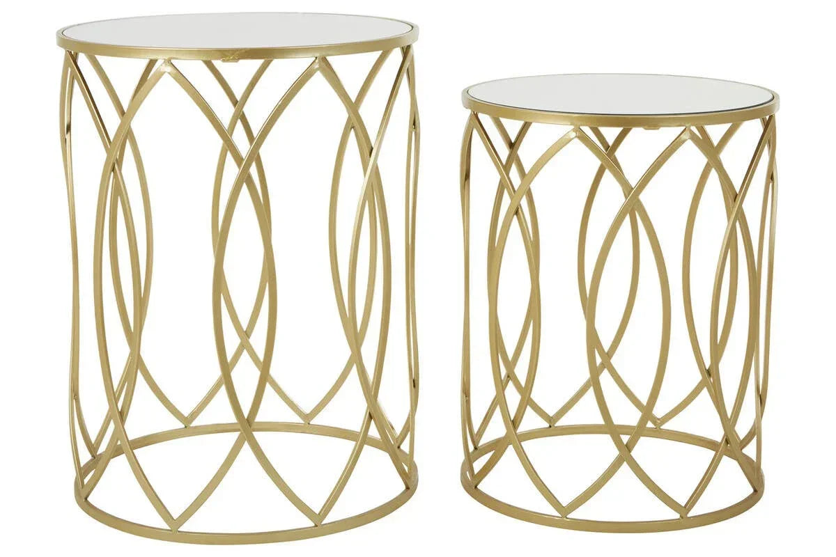 Set of two gold metal side tables with glass tops and geometric openwork frames