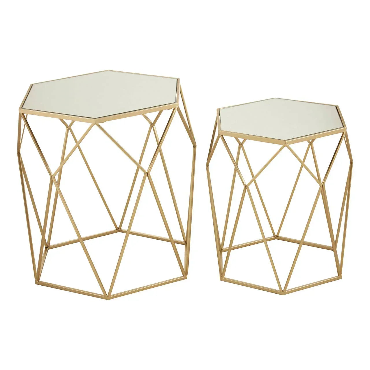 Set of two hexagonal side tables with gold metal frame and glass tops