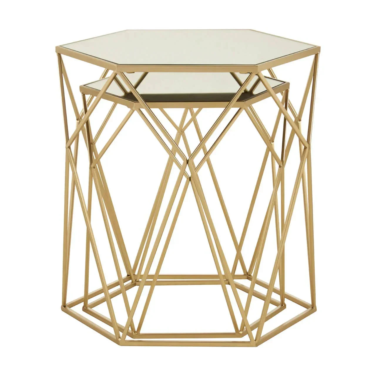 Hexagonal gold metal side table with glass top and geometric frame