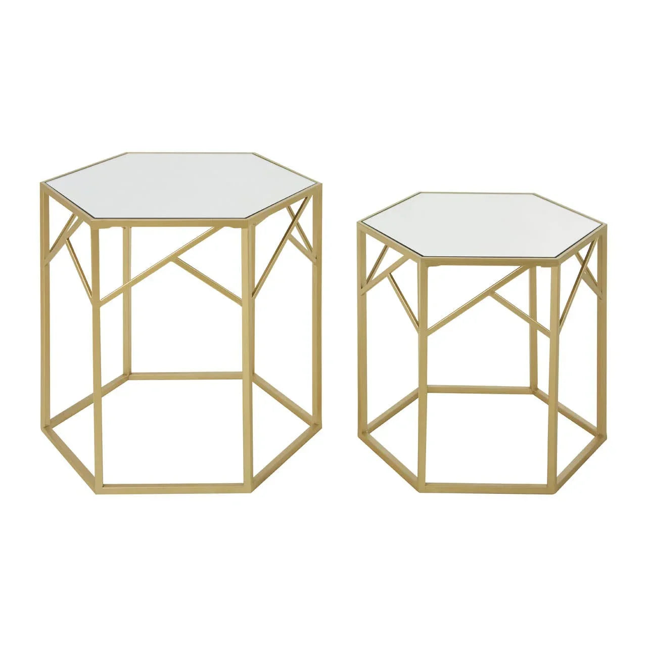Hexagonal glass top side tables with gold metal frames in two sizes