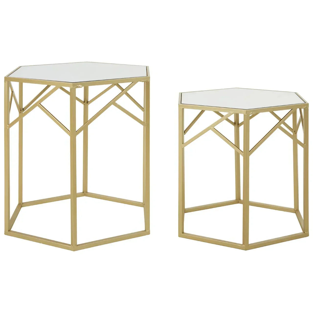 Gold metal hexagon nesting side tables with white tops, geometric frame design