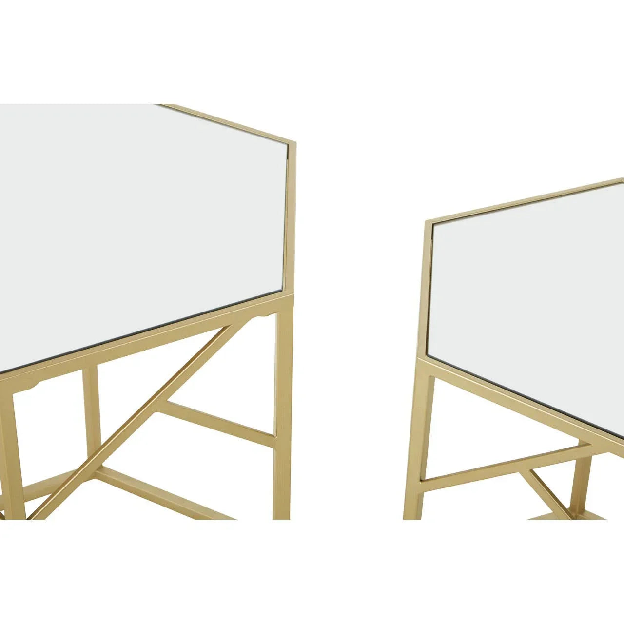 Mirrored glass side tables with gold metal frames, close-up of top and leg details