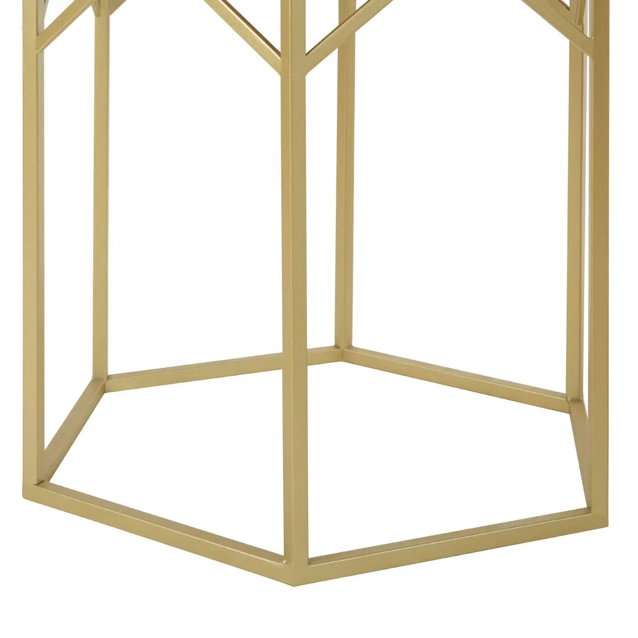 gold metal geometric table base with open hexagonal frame on white background
