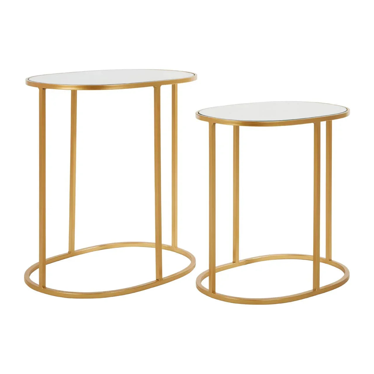 Set of two oval gold metal side tables with white tops and open bases