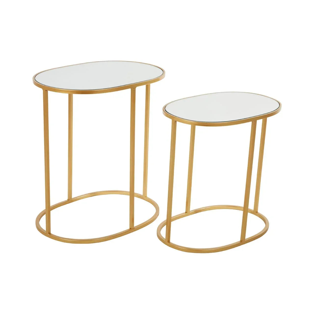 Set of two gold metal nesting side tables with white glass tops on white background